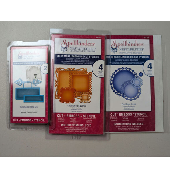 Lot of 3 Spellbinders Dies Picot Edge Circles Captivating Squares Ornamental Tag - Picture 1 of 7